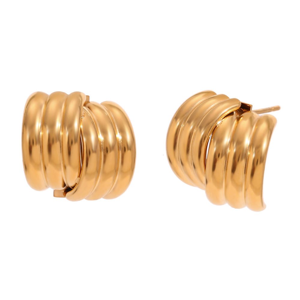 Minimalist Geometric Stainless Steel Ear Studs with 18K Gold Plating Triple Vertical Striped Cross Design for Women