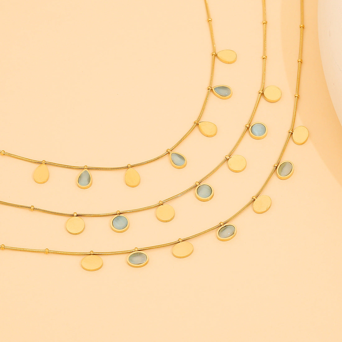 Fashionable Geometric Cat's Eye Stone Necklace in Stainless Steel with Plated Finish, Snake Chain for Women