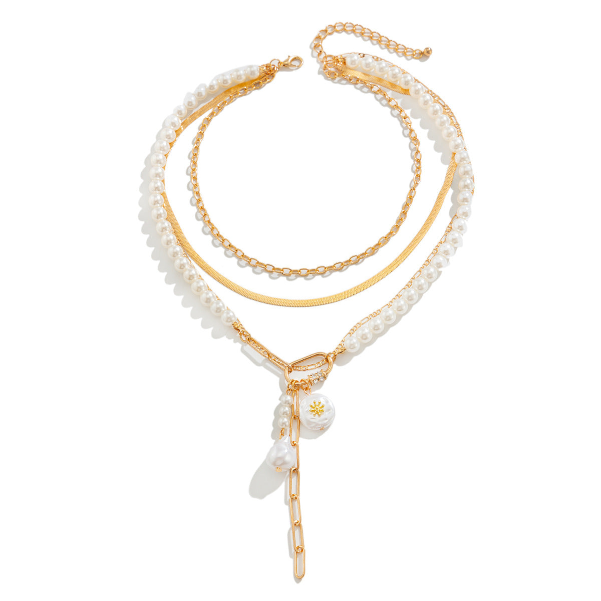 Baroque-Inspired Multi-Layer Pearl-Style Necklace with Snake Chain for Women Geometric Pendant Rhinestone Inlay Asymmetrical Layering Sweater Chain