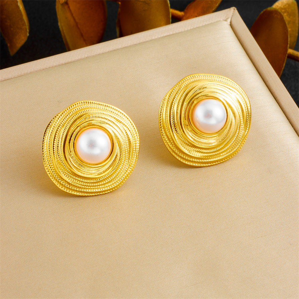 Vintage Elegant 18K Gold Plated Round Wire-Wrapped Pearl Stainless Steel Necklace Earring Ring Set