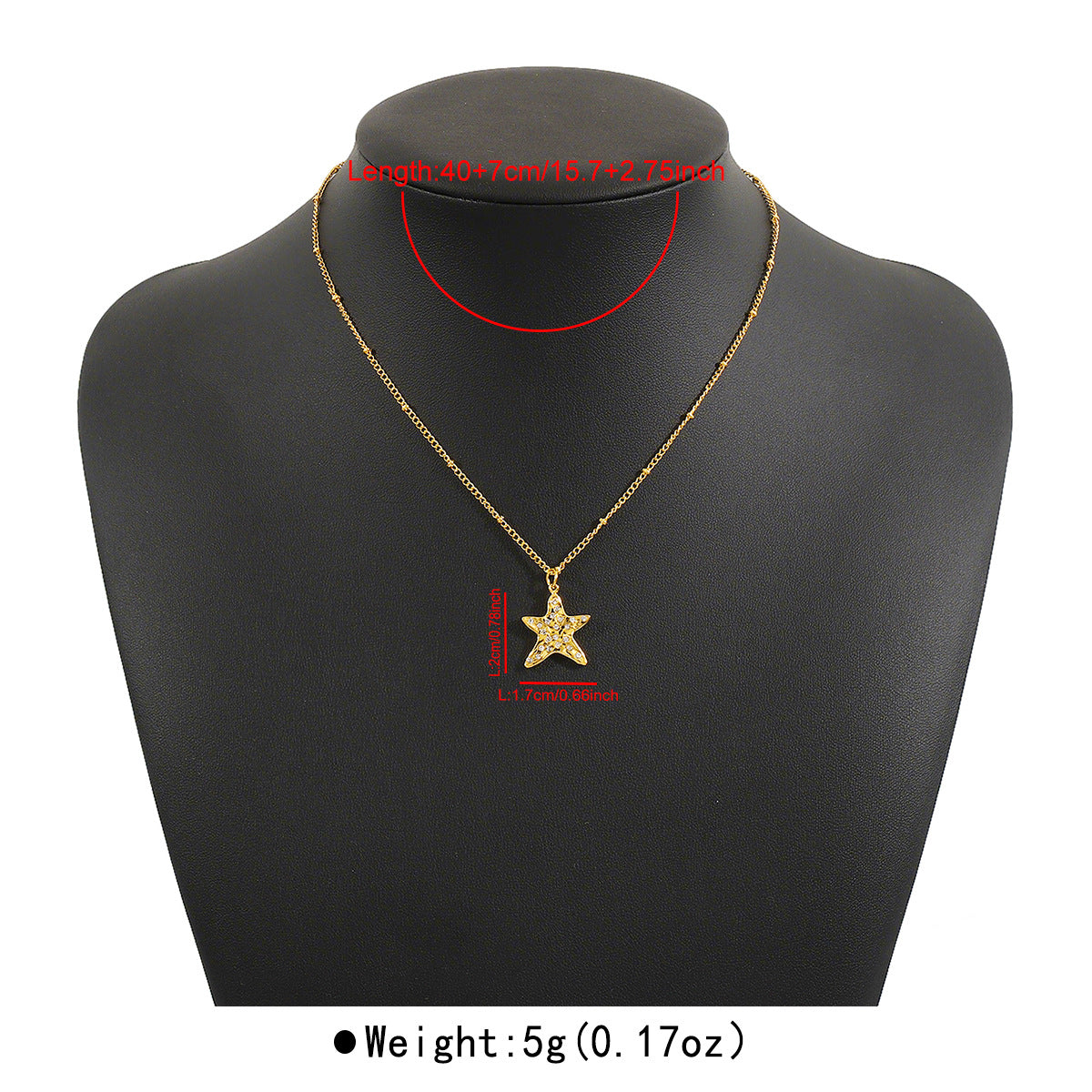 Collana alla moda con pendente a forma di stella, intarsi in strass e catena in ferro elettrodeposto, da donna
