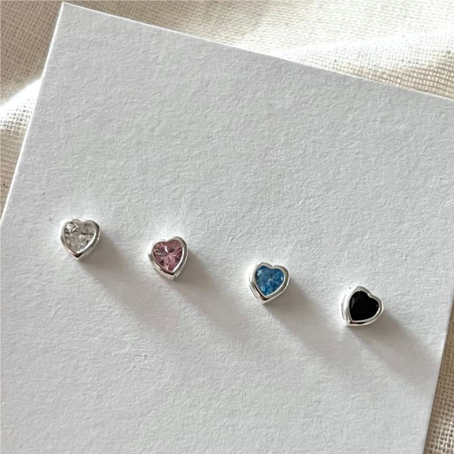 Minimalist Heart-Shaped 925 Sterling Silver Stud Earrings with Multicolor Cubic Zirconia Inlay