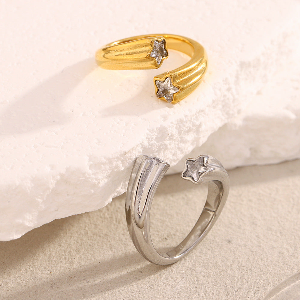 Fashionable Star-Shaped Stainless Steel Ring with 18K Gold Plating and Zircon Inlay for Women