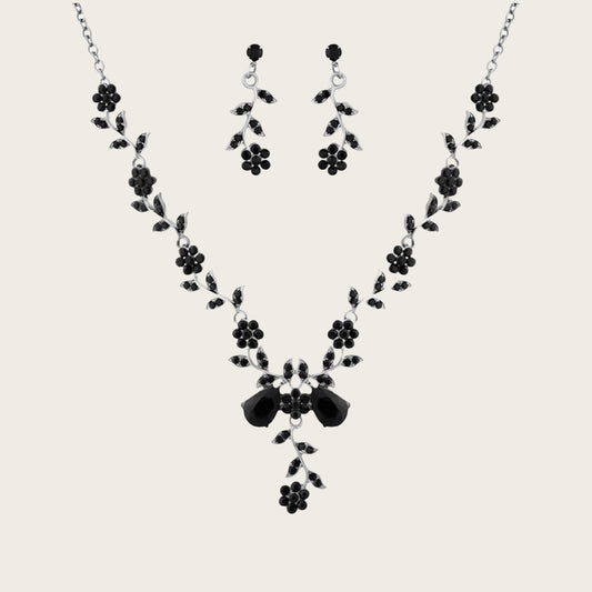 Juego de collar y pendientes con diseño floral exagerado de estrás y cristal con cadena cruzada