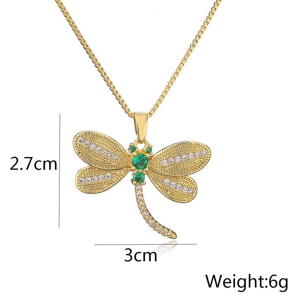Minimalist Dragonfly Pendant Necklace for Women with Copper Base Plated in 18K Gold and Micro-Paved Zirconia