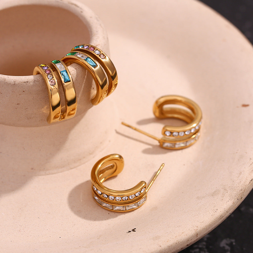 Orecchini a clip geometrici in acciaio inossidabile d'ispirazione vintage placcati oro 18 carati con zirconia cubica da donna