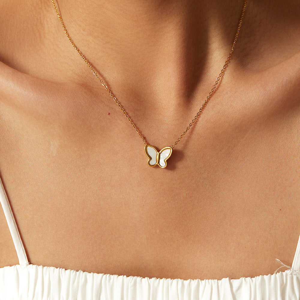 Butterfly Pendant Necklace in Stainless Steel with 14K Gold Plating for Women, Round Bead Chain, Animal-Inspired Minimalist Design
