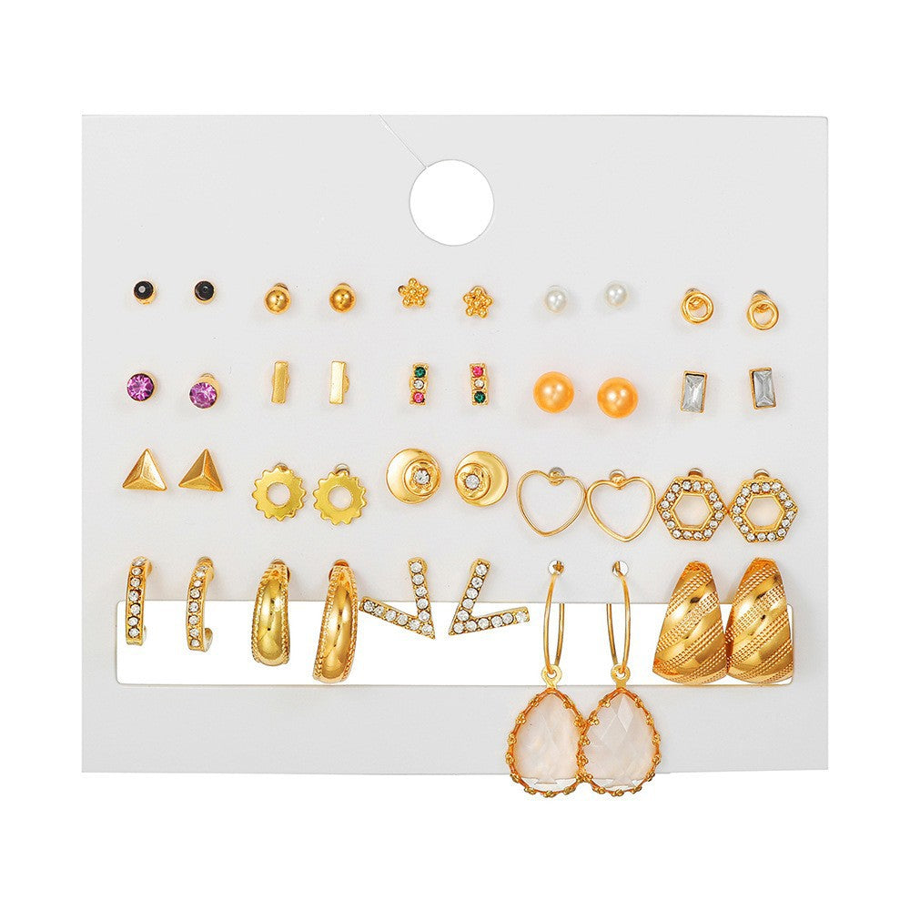 Vintage Sweet Heart Geometric Floral Rhinestone Inlay Alloy Stud Earrings Set