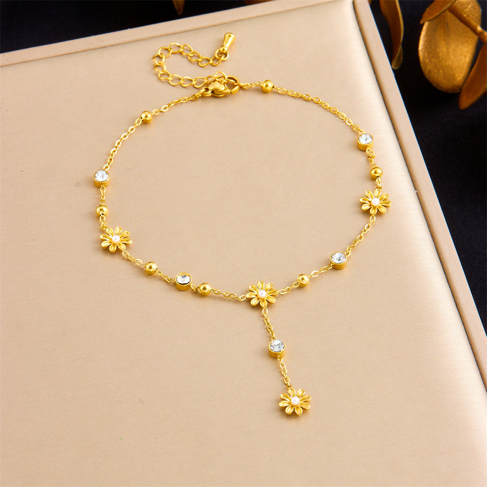 Minimalist Casual Gold Plated Stainless Steel Rhinestone Heart Butterfly Flower Tassel Anklet for Women