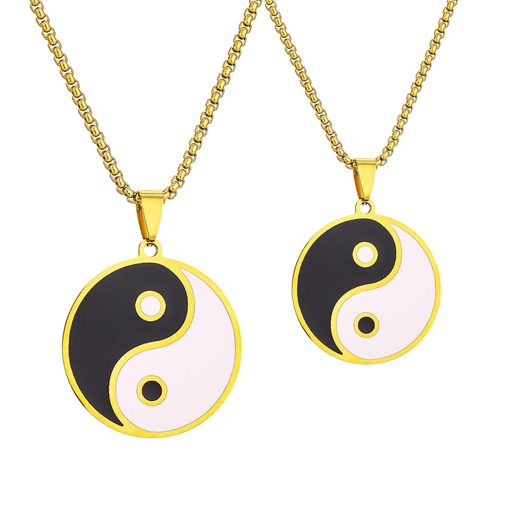 Collana pendente geometrica stile cinese Yin Yang in acciaio inossidabile con finitura smaltata per unisex, collana con catena di perle