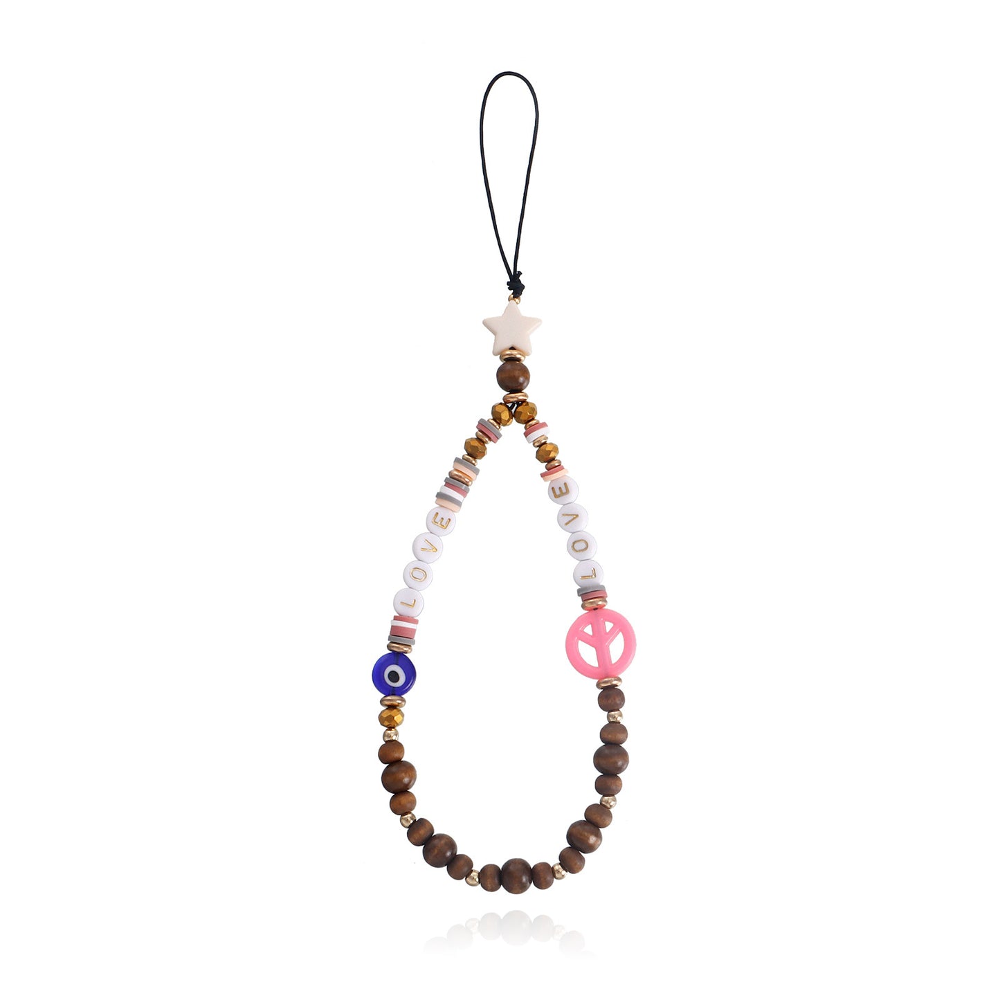 Elegante ciondolo per telefono da donna Chic LOVE Letter Evil Eye con corpo in lega e finitura galvanizzata, cordino per telefono intrecciato a mano