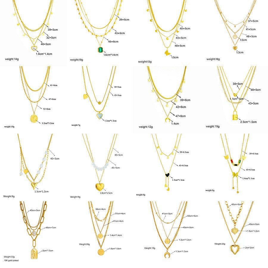Vintage Luxury Gold Plated Heart Butterfly Round Stainless Steel Necklace with Pearl Multi-Layer