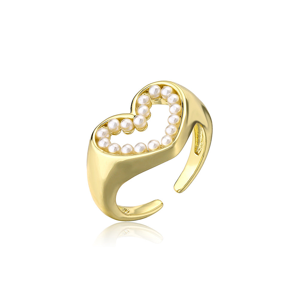 Gold Plated Brass Geometric Heart Ring with Micro-inlaid Pearl for Women