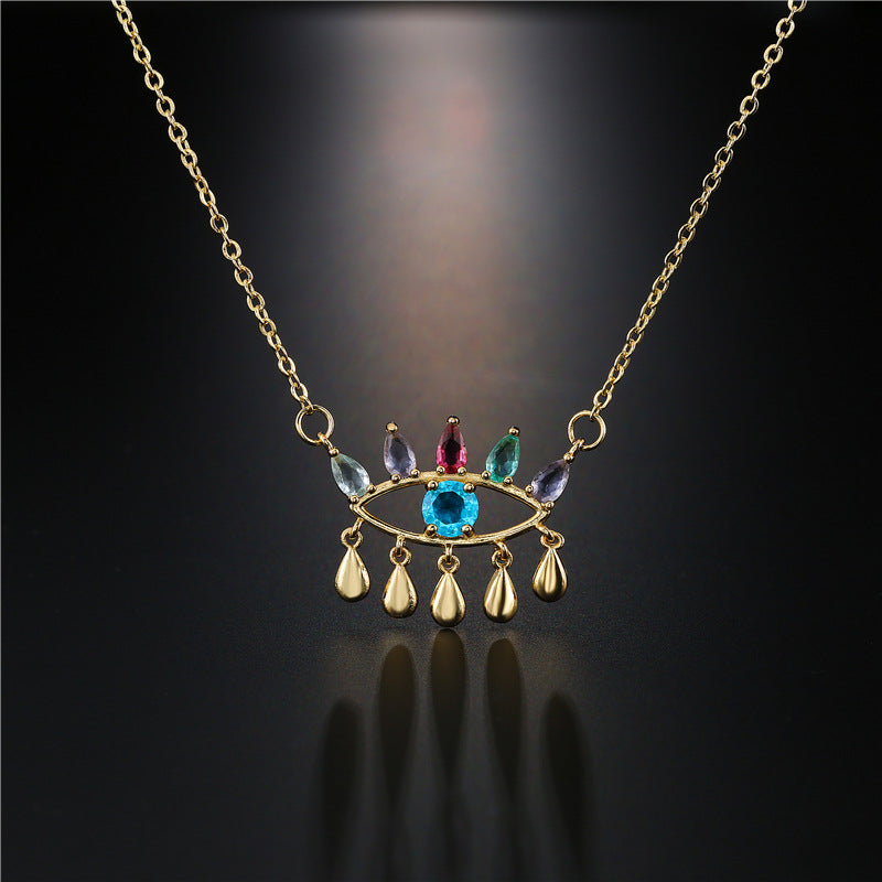 Minimalist Vintage Geometric Brass Micro-Inlaid Cubic Zirconia Evil Eye Pendant Necklace with Cable Chain
