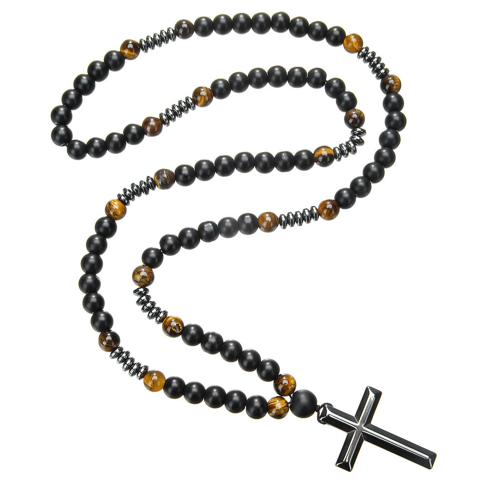 Men's Cross Pendant Necklace with Stone Beads and Alloy Cross Charm