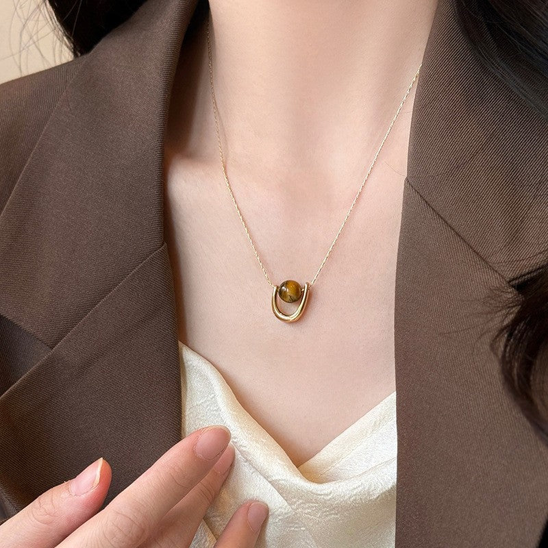 Collana con Ciondolo Vintage a Occhio di Tigre Geometrico Placcata Oro 18K Lunga per Maglione da Donna