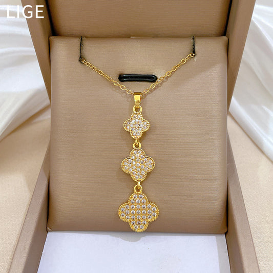 Collar Minimalista con Colgante de Trébol de Cuatro Hojas en Acero Inoxidable con Incrustaciones de Pedrería para Mujeres y Hombres