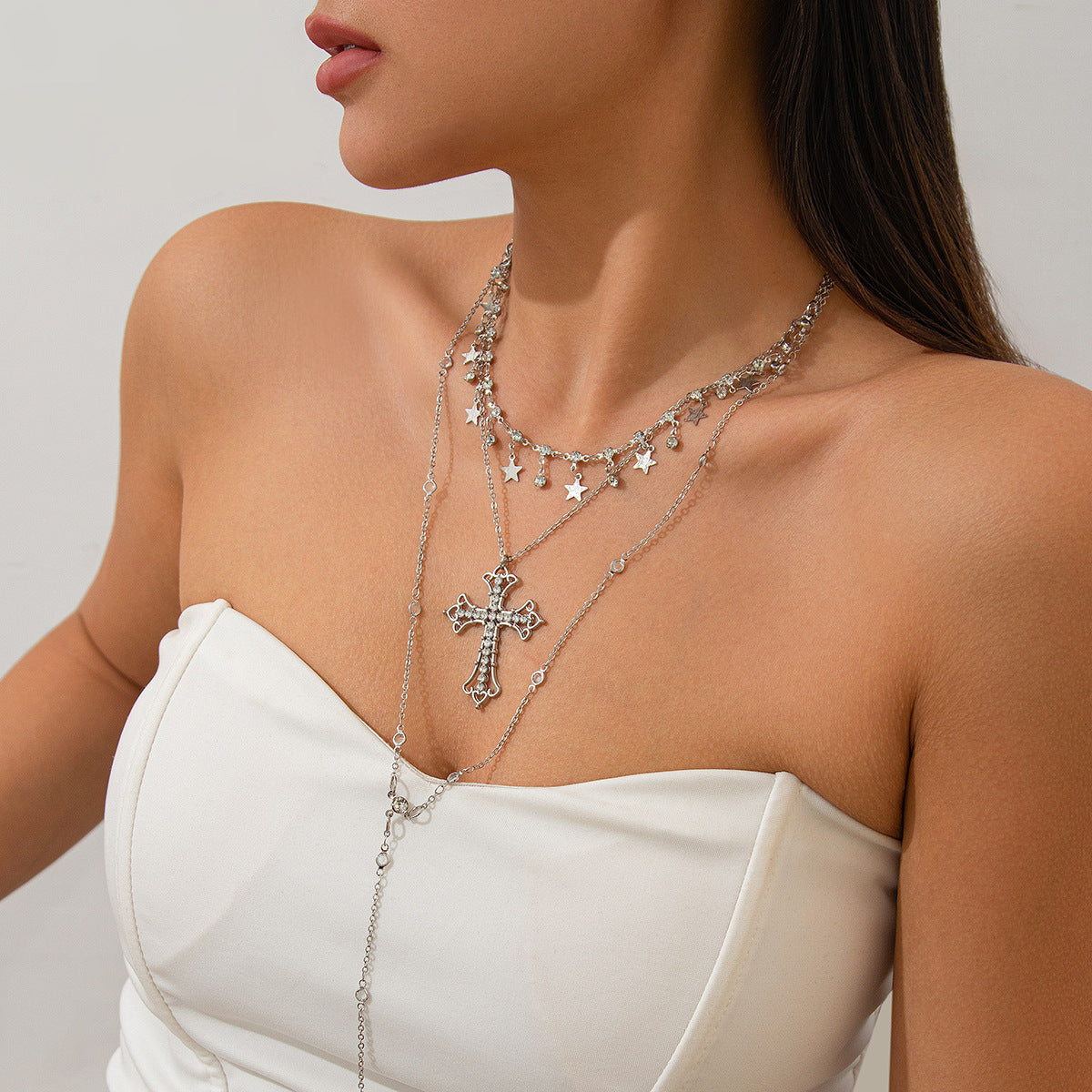 Vintage Baroque Cross and Star Crystal Pendant Brass Plated Layered Necklace for Women