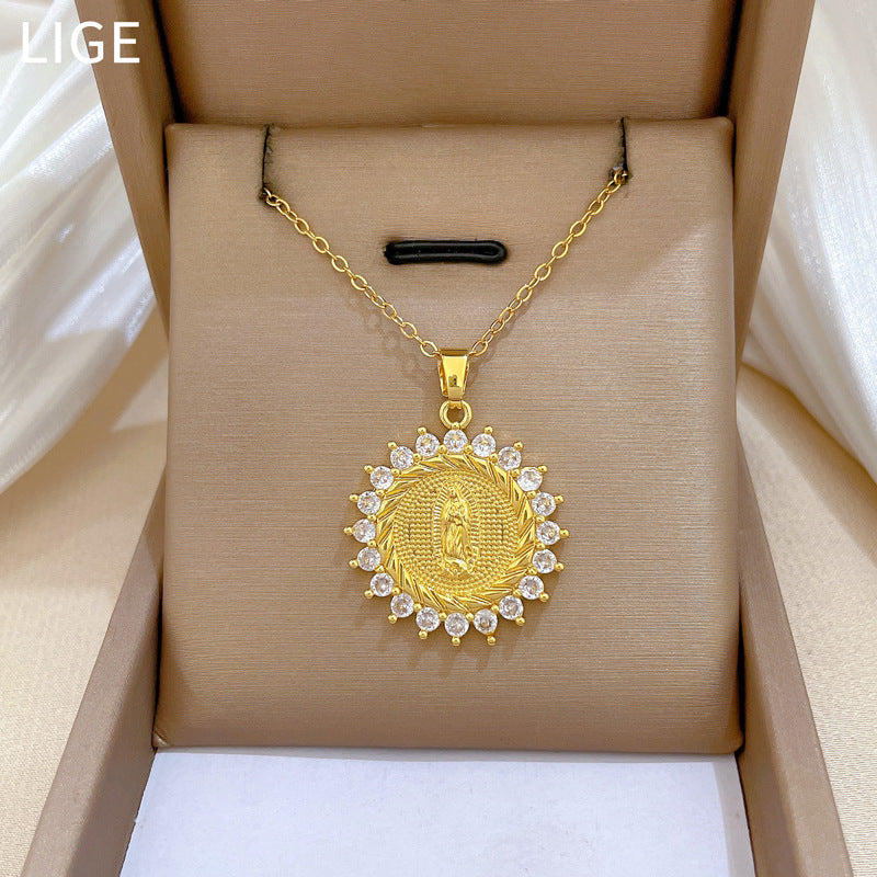 Sweet Round Geometric Rhinestone Inlay Titanium Steel Necklace with Brass Pendant for Unisex