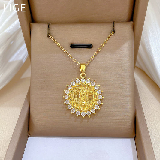 Sweet Round Geometric Rhinestone Inlay Titanium Steel Necklace with Brass Pendant for Unisex