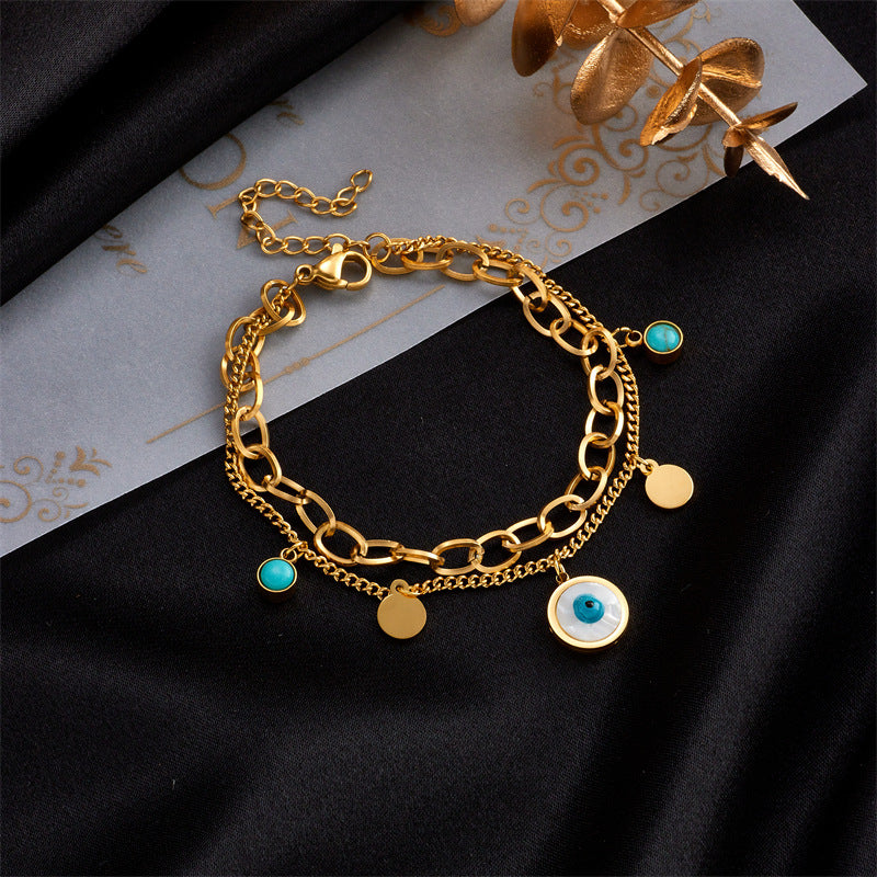 Pulsera de doble capa de acero titanio con acabado chapado, colgante de turquesa de ojo azul redondo, estilo vintage, a la moda