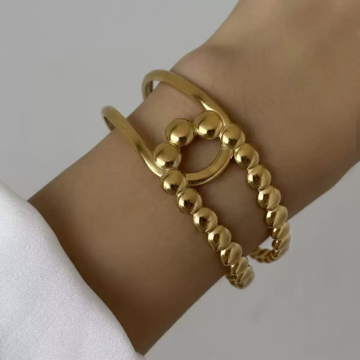 Fashion Geometric Textured Wave Pattern Plated Stainless Steel Wide Open Cuff Bracelet for Women