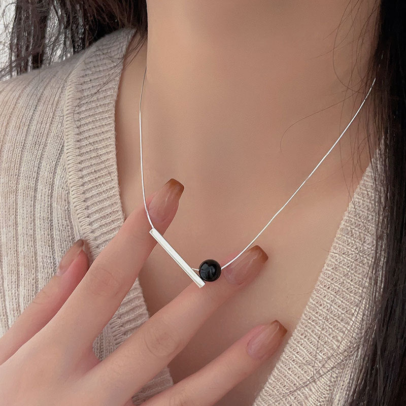925 Sterling Silver Geometric Black Onyx Pendant Necklace for Women Minimalist Sweet Style