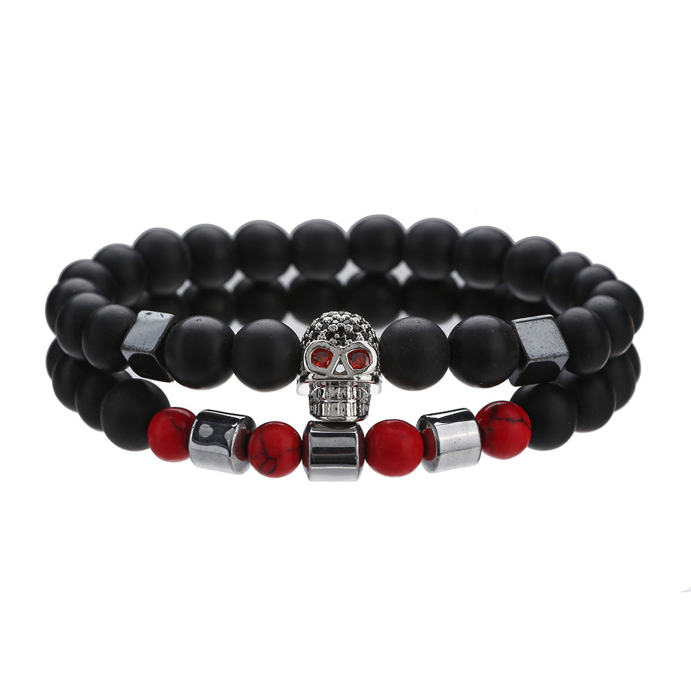 Micro-Paved Cubic Zirconia Geometric Skull Bracelet Set with Matte Black and Red Turquoise Beads