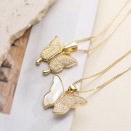 Elegant 18K Gold Plated Brass Cubic Zirconia Butterfly Pendant Necklace for Women