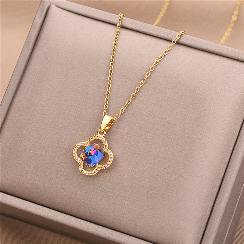 Minimalist 18K Gold Plated Titanium Steel Four-Leaf Clover Blue Crystal Pendant Necklace Water Wave Chain
