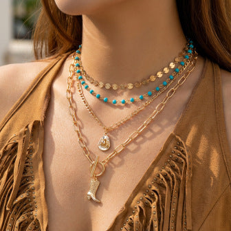 Vintage Bohemian Ethnic Geometric Alloy Plated Layered Necklace for Women with Coin and Asymmetric Chain Elements