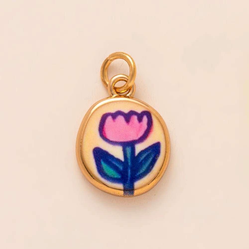 Vintage Sweet Hand-Painted Floral Heart Enamel Brass Shoe Charm