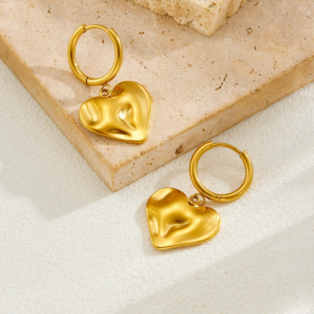 Minimalist Irregular Textured Heart Stainless Steel Gold Plated Round Earrings