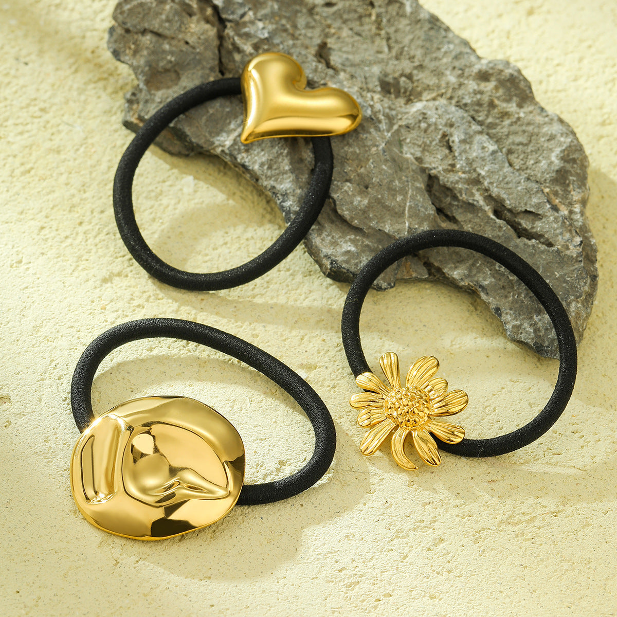 Fermaglio per Capelli Minimalista in Acciaio Titanio a Forma di Girasole con Design Rotondo Irregolare per Coda Bassa, Accessorio Moda ad Alta Elasticità