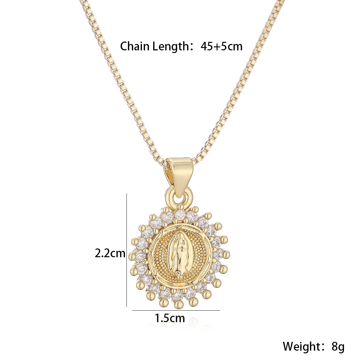 Minimalist Gold Plated Brass Geometric Virgin Mary Cubic Zirconia Pendant Necklace for Women