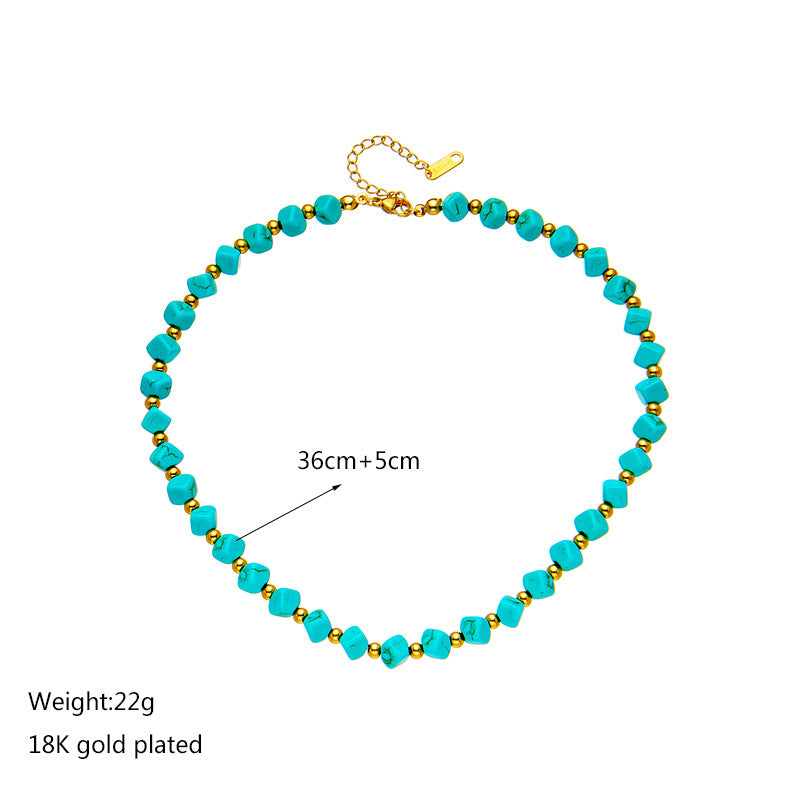 Vintage-Inspired Geometric Turquoise Beaded Braided Necklace in Titanium Steel with Plated Finish for Women