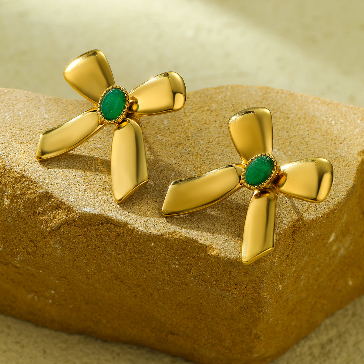 Orecchini Vintage a Fiocco in Acciaio Inossidabile con Placcatura in Oro 18K e Intarsio in Pietra Naturale da Donna