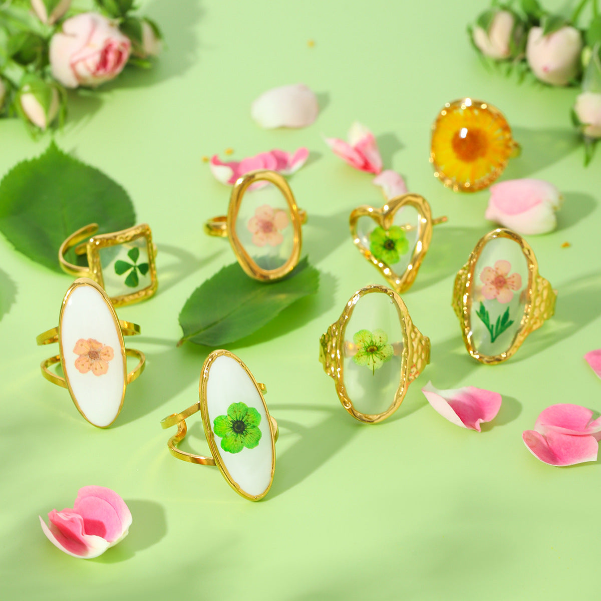 Ins Style 18K Gold Plated Stainless Steel Four Leaf Clover Daisy Flower Ring for Women