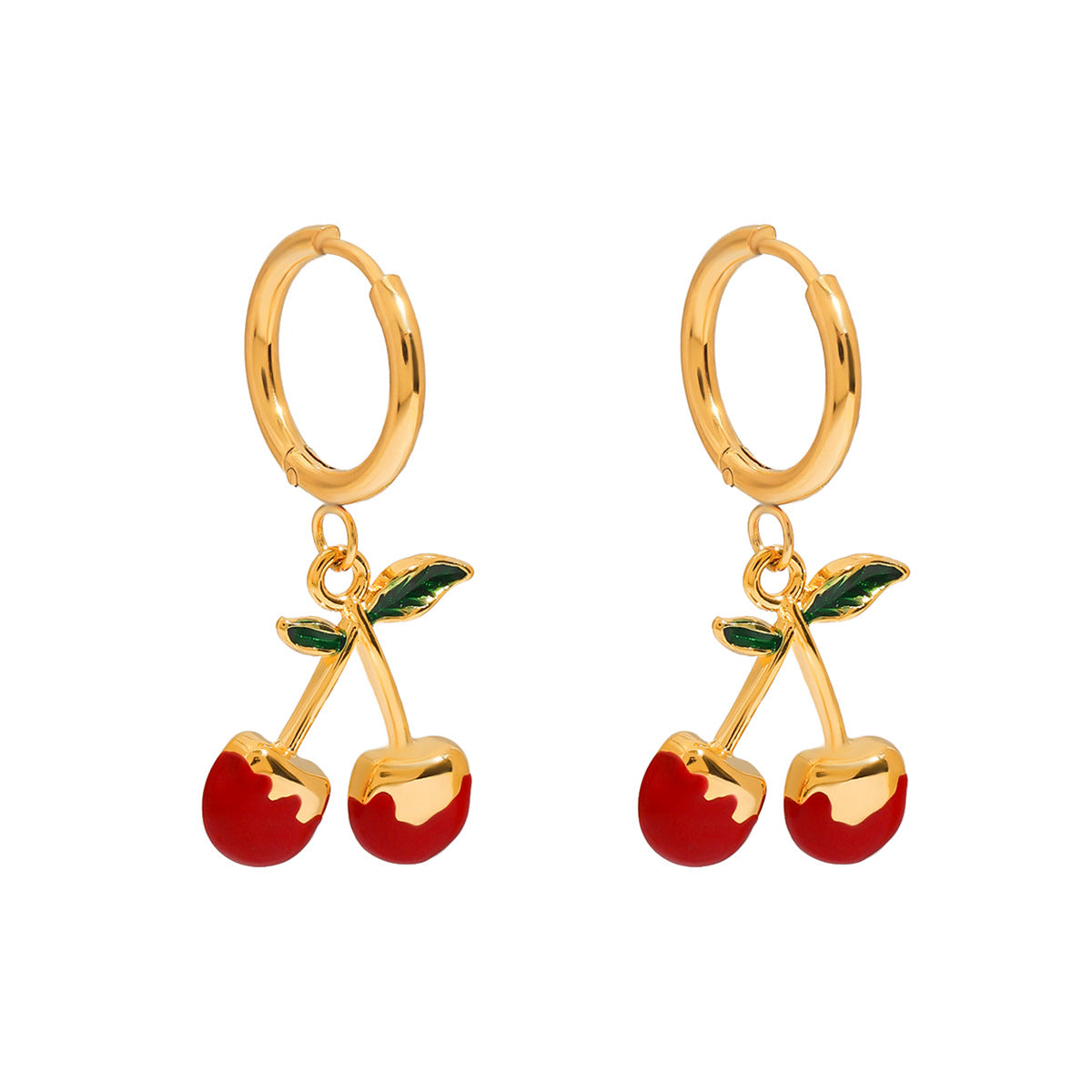 Elegant Geometric Cherry Drip Oil Plated Stainless Steel Earrings for Women