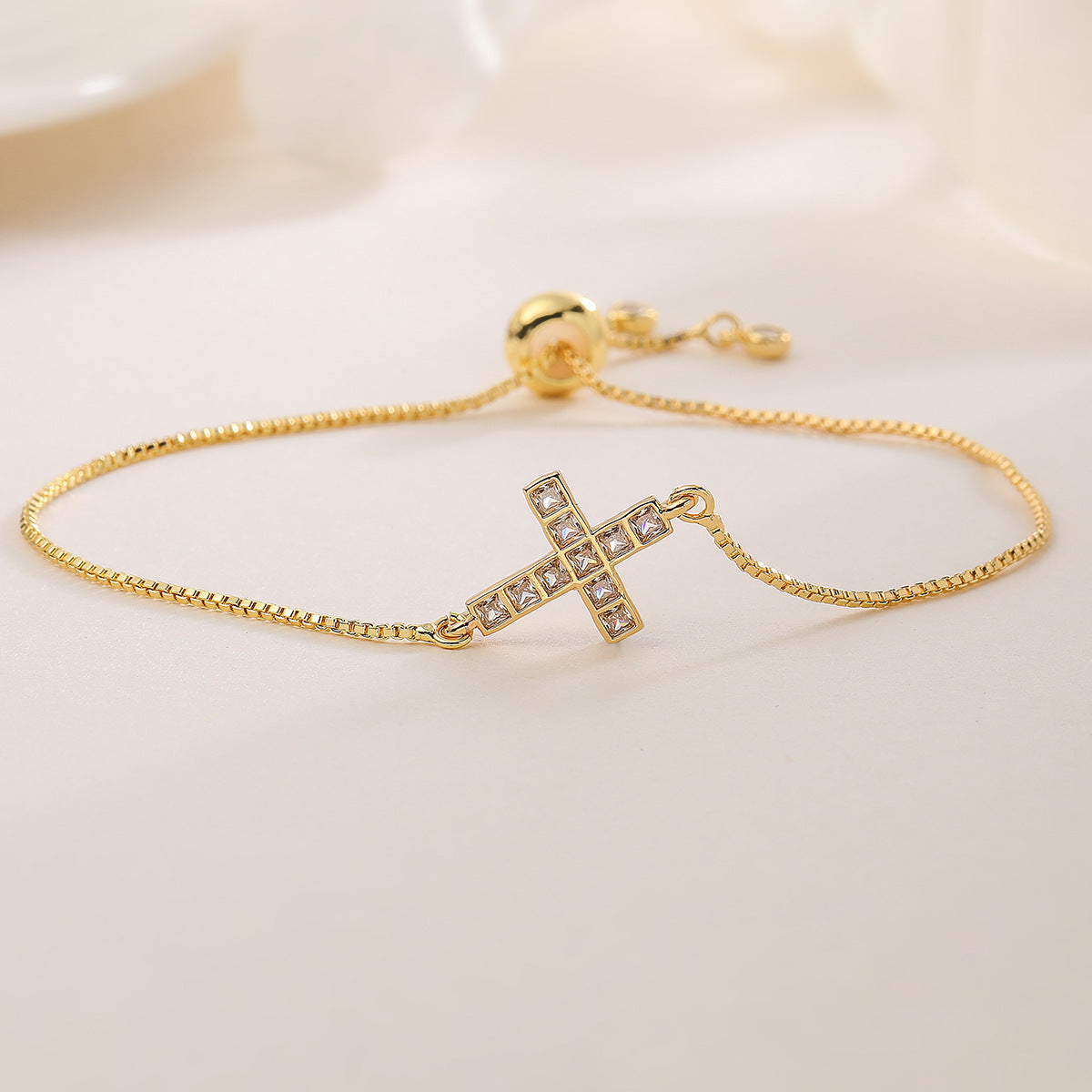 Vintage 18K Gold Plated Brass Cubic Zirconia Inlay Cross Bracelet for Women
