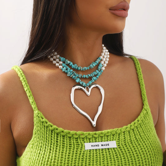 Collar Bohemio Multicapa de Aleación con Forma de Corazón con Perlas Simuladas y Detalles Turquesa para Mujer
