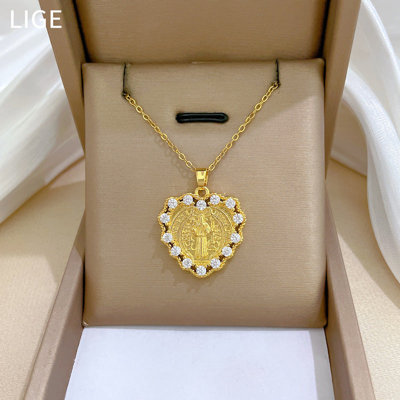 Collana Minimalista a Cuore in Acciaio al Titanio con Intarsio Completo di Strass per Donna, Delicata Catena alla Clavicola