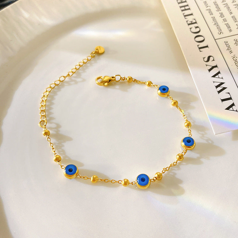 Vintage Luxury Round Geometric Gold Plated Titanium Steel Blue Evil Eye Bracelet for Women