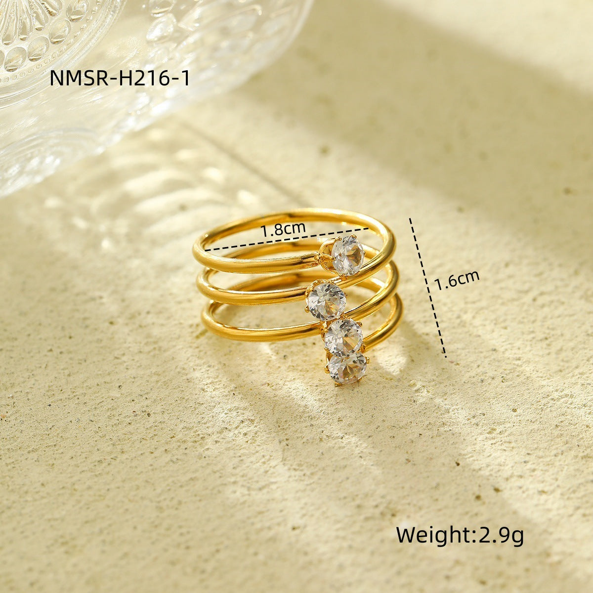 Anillo minimalista de lujo de acero de titanio con circonita, gota y banda abierta en forma de corazón para mujer