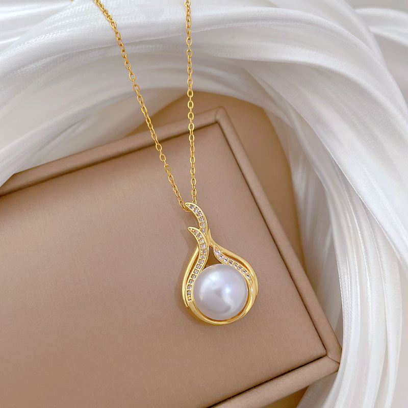 Cartoon Style Fish Tail Pearl Rhinestone Necklace for Women Stainless Steel Clavicle Chain with Starry Pattern