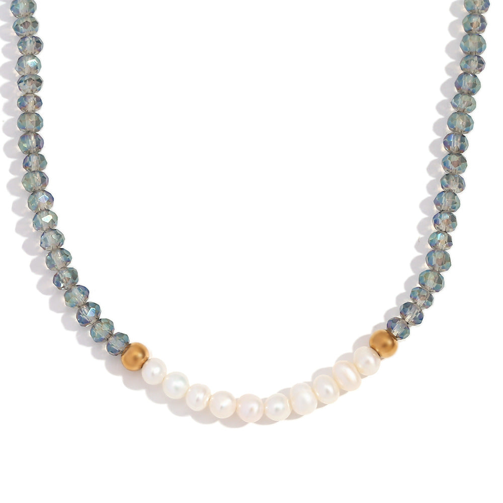 Collana alla moda da donna in stile OL con pendente geometrico in acciaio inossidabile, dieci perle d'acqua dolce e cristalli sfaccettati scuri infilati a mano su catena standard