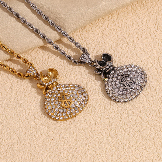Collana da Uomo con Ciondolo a Borsellino Geometrico Minimalista in Acciaio Inossidabile con Placcatura in Oro 18K e Intarsio Completo di Strass su Catena Ritorta