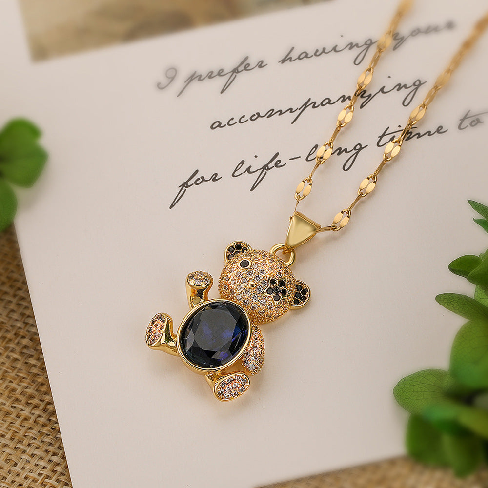 Cute Minimalist Bear-Shaped Copper Necklace with Real Gold Plating and Zircon Inlay for Women
