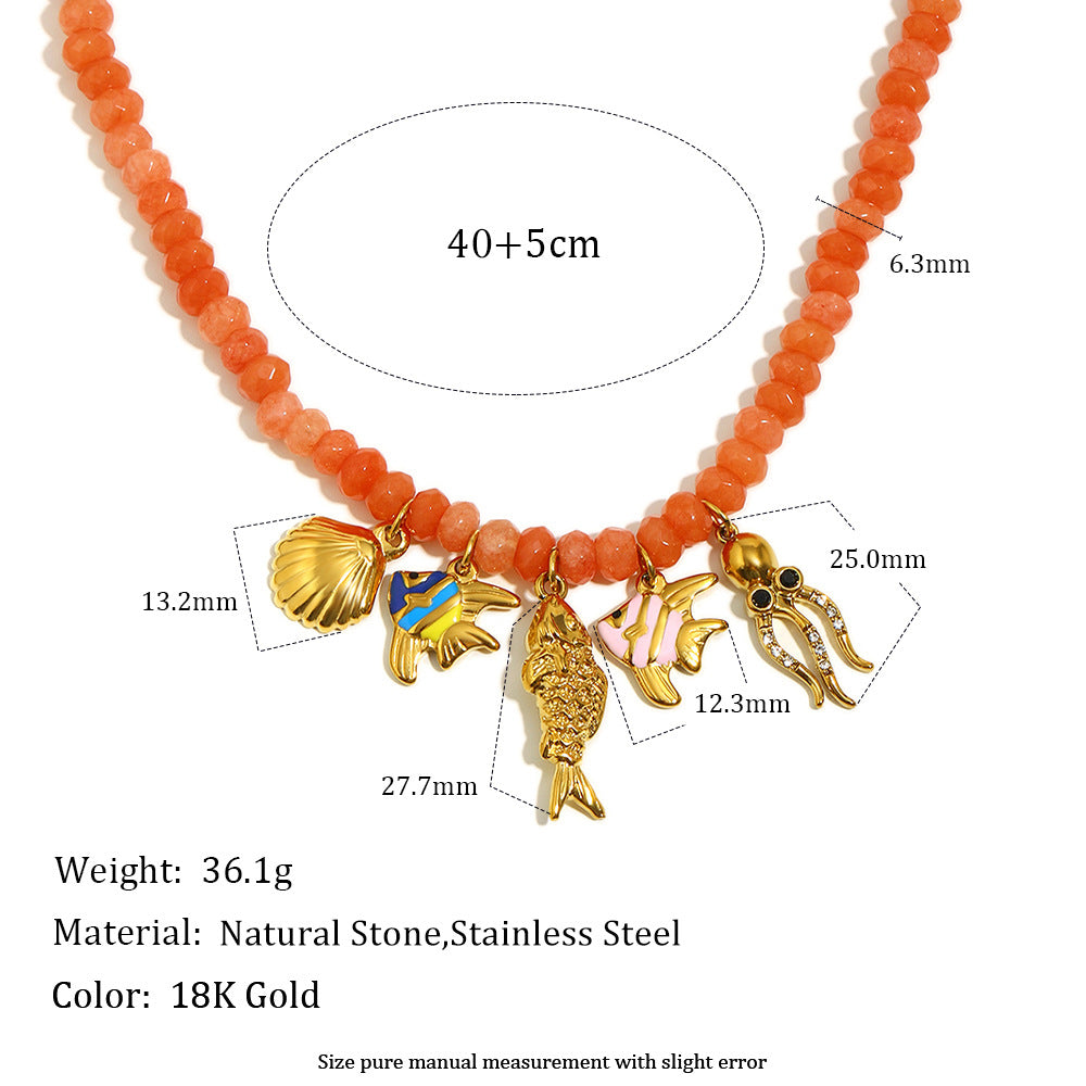 Luxury Handmade Beaded Geometric Pendant Necklace in Stainless Steel with 18K Gold Plating and Red Agate Ocean Life Motif
