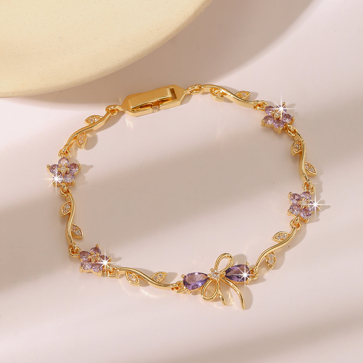 Luxury Gold Plated Brass Leaf Bracelet with Cubic Zirconia Inlay Unisex Floral Design